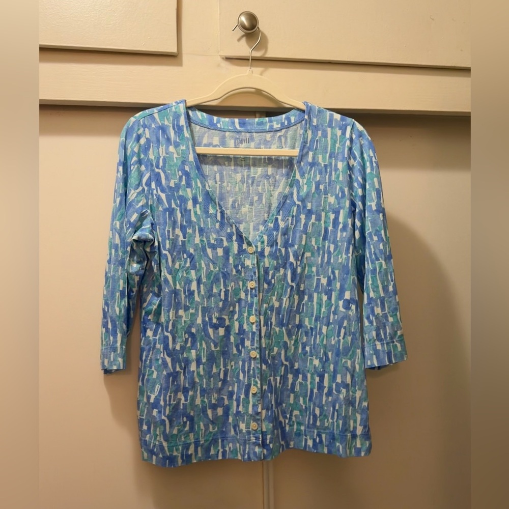 J. Jill Blue & Green Pima Cotton 3/4 Sleeve Button-Down Top Women’s MP NWOT